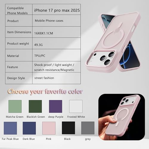 Image of Magnetic for iPhone 17 Pro Max Phone Case, [Compatible with MagSafe], Screen Protector X1, [Military Grade Drop Protection],Matte Finish,Slim,Shockproof,Protective (Pink, iPhone 17 PRO max)