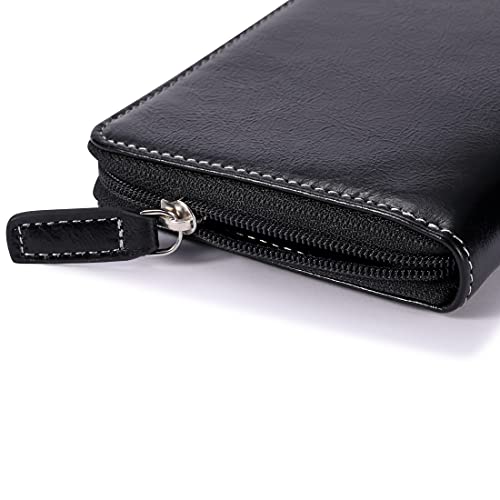 Image of HISCOW Leather Checkbook Cover, Zippered Wallet, Antiqued Black | Full grain cowhide, 5cc & ID window, personal check book & register pockets, removable duplicate divider, women secure zipper
