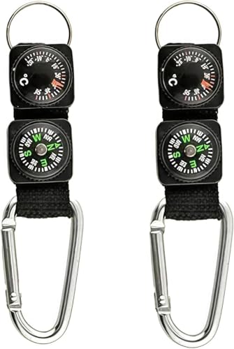 Set de 2 llaveros con mosquetón negro, brújula y termómetro, metal para camping y actividades al aire libre