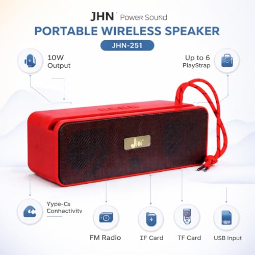 Image of JHN Power Sound 10W Portable Bluetooth Speaker with FM Radio, Heavy Bass Wireless Speaker, Type-C Fast Charging, USB & TF Card Support, 6 Hours Playtime, Portable Bluetooth Speakers (Red)