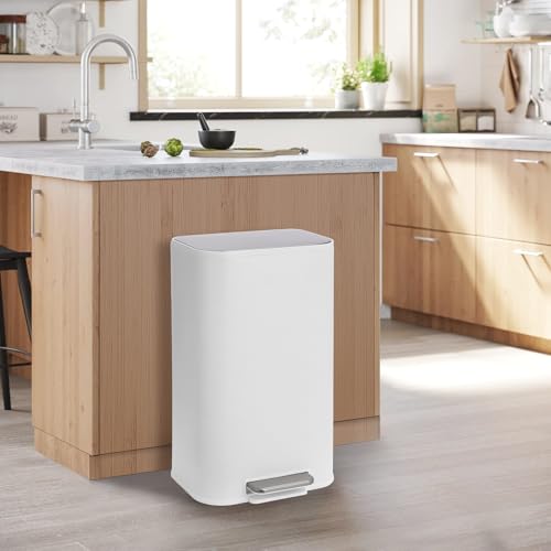 8 gal Trash Can for Kitchen, Stainless Steel Garbage Can with Soft-Close Lid, Foot Pedal and Removable Inner Bucket, Rectangular Trash Can for Office