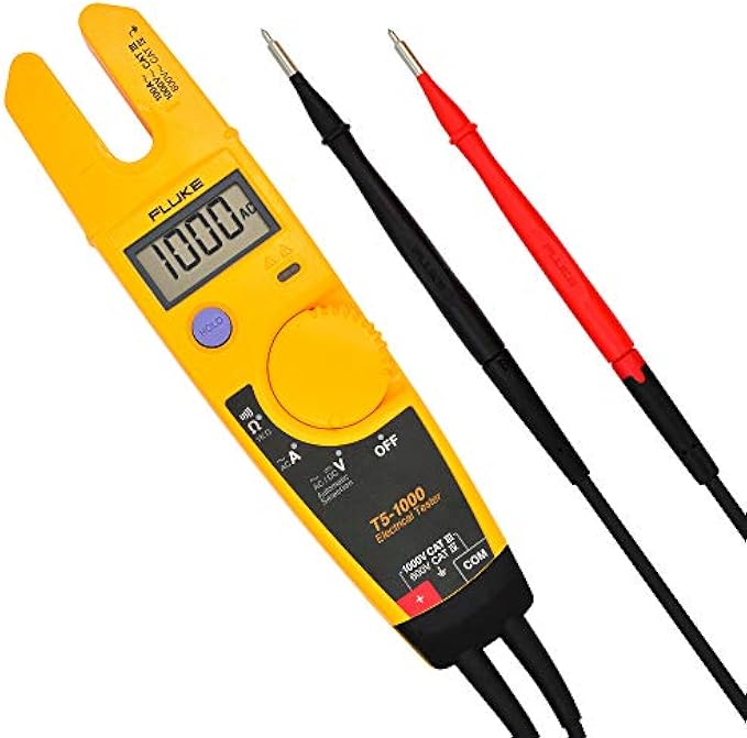 Fluke T5-1000 Voltage, Continuity and Current Tester, OpenJaw Design For Current Measurements Without Metallic Contact, Includes Detachable Slim Reach Probe Tips, Auto Selects AC or DC Voltage