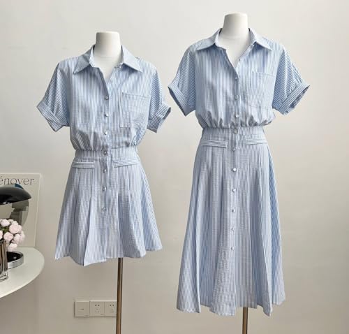 utcoco Women's 2025 Trendy Casual Striped Button Down Shirt Dress Elastic Waist Short Sleeve Midi Dress2