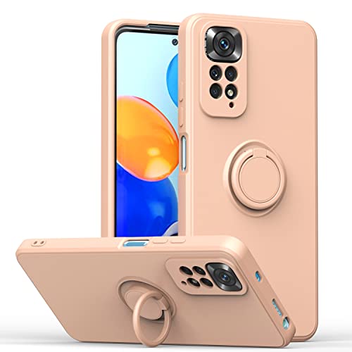 XINYEXIN Coque Silicone Liquide pour Xiaomi Redmi Note 11S / Xiaomi Redmi Note 11 (6.43"), 360° Ring Stand Case Silicone Cover Droit Bord Housse Étui Antichoc avec Lanyard - Pink Cover