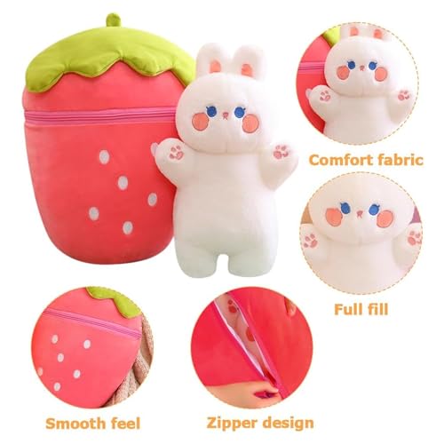 Image of Kidology Plush Toy Pillow, Reversible Bunny, Cute Rabbit Sofa Pillow, Easter Bunny Stuffed Animal Cute Rabbit Plushie Birthday Gift for Boys Girls and Kids (Medium, Strawberry Bunny - Zipper)