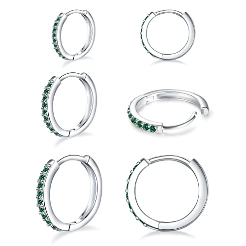 3 Pairs 925 Sterling Silver Green Small Hoop Earrings for Women Men