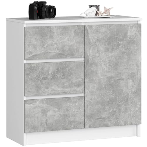 AKORD | Cassettiera K-80 JERRY con 3 Cassetti | Armadio Cameretta con 2 Ripiani e 1 Anta | Moderna Mobiletto per Soggiorno | Moderno | 80x77x35 cm | Bianco + Frontale Cemento