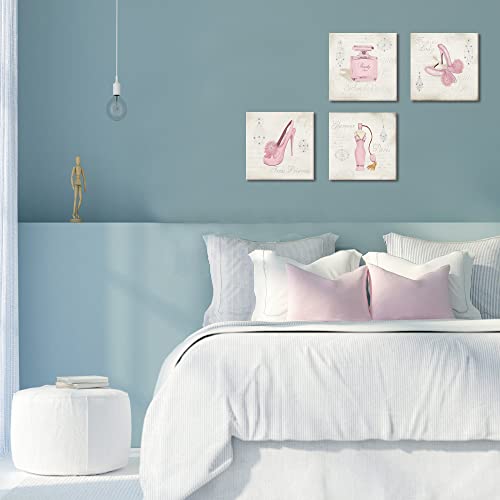 Visual Art Decor Vintage Fashion Poster Canvas Wall Art Retro Beige Elegant Pink High Heel Shoes Perfume Picture Giclee Prints Artwork For Woman Girl Bedroom Bathroom Beauty Salon Wall Decoration Gift #TOP1