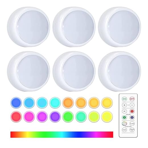 CUQOO 6 Pack Wireless Under Cabinet Lights – 16 Colour Changing Lights with Adjustable Brightness, Remote & Touch Control | Flash & Fade Modes, Battery Operated, Timer [Energy Class A]