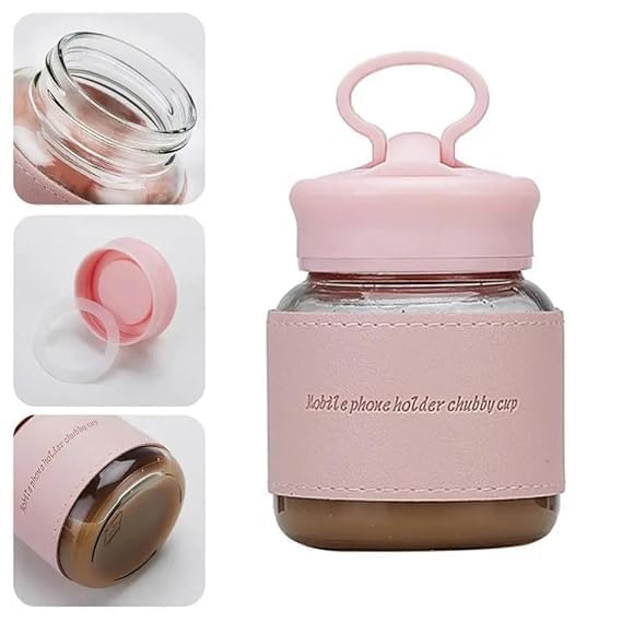 Image of Glassbunny Fat Cup Beauty Mini Portable Small Water Bottle with Mobile Phone Stand Mini Glass Bottle for Travel, Home, Office, Gym 320ml Glass