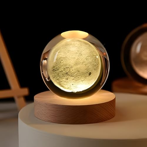 Image of Moon 3D Crystal Ball Lamp Creative Wooden Engraved Night Light USB Table LED for Home Office Decoration Birthday Gift Adults Warm White