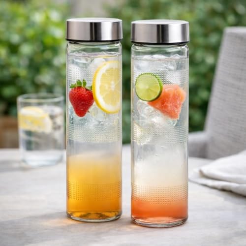 Image of CROCO JAR Wide Mouth Glass Water Bottle 750ml - Leak-Proof Airtight Double Layer Stainless Steel Lid, Durable Reusable Bottle For Water, Smoothies, Juices | Set of 2
