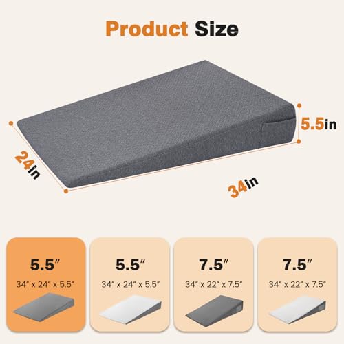 Image of Vekkia 34 inch Extra-Long Wedge Pillow, Back & Arm Support, Bed Wedge Pillow for Sleeping After Surgery, Acid Reflux, Snoring Relief, Removable Washable Cover & Double Side Pockets, 5.5 inch Height, Gray