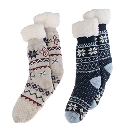 Dg Hill Treehouse Knit (2 Pack) Womens Thick Knit Sherpa Fleece Lined Thermal Fuzzy Slipper Socks With Grippers #TOP5