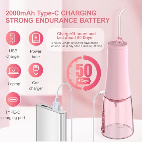 350mL/12oz Water Flosser with 3 Modes 6 Jet Tips,Dental Oral Irrigator USB Rechargeable Cordless Water Dental Picks for Teeth Cleaning,IPX7 Waterproof,for Home and Travel for Oral Care(Pink) - Thumbnail 2