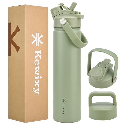KEWIXY 24 oz Insulated Water Bottle, 2-in-1 Lid, Straw & Spout with Protected, Leak Proof, Keep Cold, Stainless Steel, Metal, Reusable, Handle, for Travel, Gym and School, 2 Lids, Sage Green