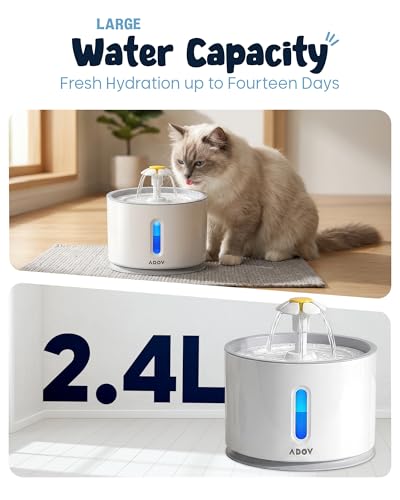 ADOV Cat Water Fountain for Drinking 2.4L, Automatic Pet Water Dispenser, Ultra Silent Pump, LED Light, Activated Carbon Filter, Healthy, Fresh and Hygienic Water Bowl for Kitten, Dogs - Grey - Image 5