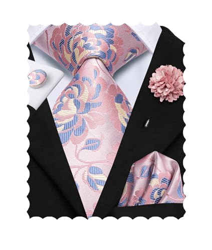 Image of Hi-Tie Mens Paisley Floral Striped Ties Set Silk Necktie and Lapel Pin for Men Pocket Square Cufflinks Set Business Wedding