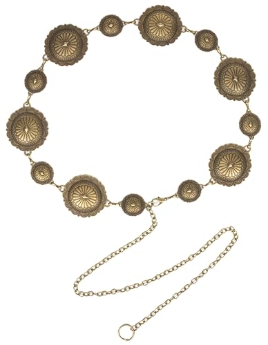 Golden Boho-Metal Waist Chain Belt - Women Adjustable Western-Oval-Concho Country-Cowgirls Belts for Dresses Jeans