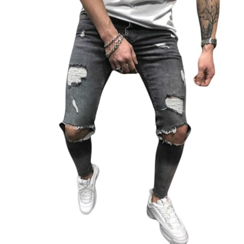 Jeans Pants Trouser Denim Street Trendy Piercing Water Wash Blue Grinding White Stretch Tight Leg for Men