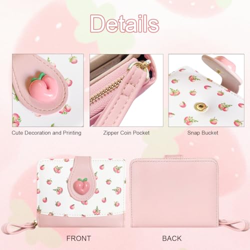 Image of Cute Print Wallet Blueberry Strawberry Cherry Wallet with Credit Card Slot Zipper Coin Pocket for Women Girls (PEACH)