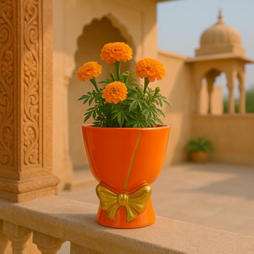 Image of Xtore Ceramic Bow Planter Figurine | Gloss Finish | Decorative Flower Pot for Home & Balcony - (Pack of 1, Orange, Planter ONLY)