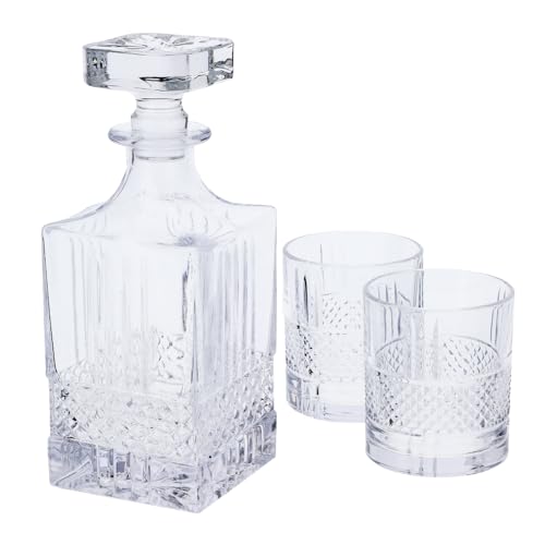 Hervit Set Dallas Bottiglia in Vetro con 2 Bicchieri per Brandy, Scotch, Whisky - Bottiglia Alcolici e Spiriti Caraffa per Liquori Decanter per Cognac Angolo Bar - Set Regalo per Amante Distillati