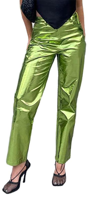LROSEYWomen's Shiny Metallic Holographic Straight Leg Faux Leather Pants  with Pockets