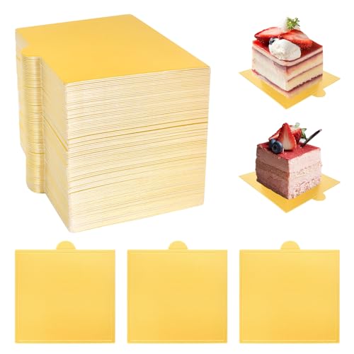 100 Pièces Planches à Gâteaux La Mouss, Plateau à Gâteau Carré en Carton, Mini Bases de Gâteau en Carton pour Gâteau en Mousse Dorée, Support à Gâteau avec Languette pour Cupcakes, Desserts (9x8.4cm)