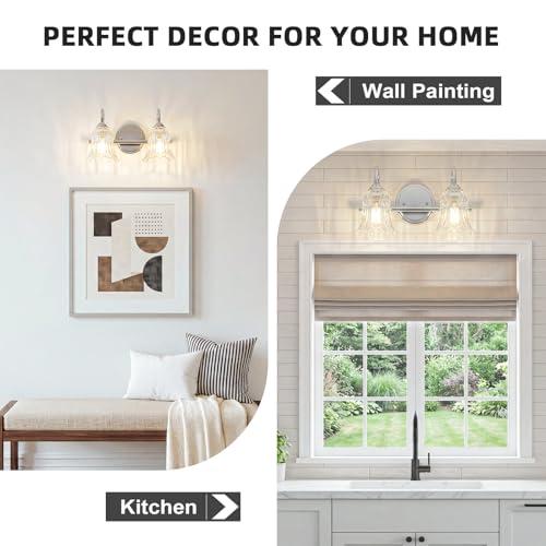 Image of Vintage Farmhouse Bathroom Vanity Light Fixture, 3-Light Chrome Wall Sconce Over Mirror with Tulip Flower Glass Shade, 14.6 Inch Bath Wall Lamp for Bathroom Bedroom Hallway