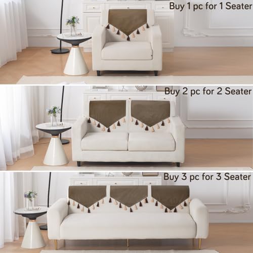 Image of HOKIPO Premium Holland Velvet Sofa Backrest Cover with Tassels - 'TasselTone Series', Coffee Brown (IN-1103-CF)