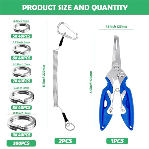Yauhar 203Pcs [5 - Sizes] Heavy Duty Stainless Steel Split Fishing Rings with Fishing Pliers and Lanyard Wire Coiled Lanyard, Double Snap Loop Lure Connectors for Saltwater Freshwater