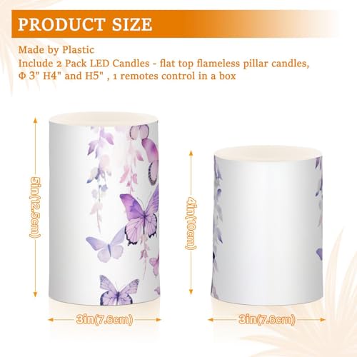 Image of Lights Flameless Candles Purple Butterfly Leaves Pillar Candles Set of 2 Battery Operated Remote Control Warm Lights Home Decor