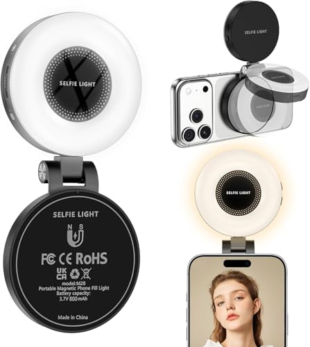 Wenbones Magnetisches Handy Ringlicht, Selfie Licht mit 3 Farbtemperaturen CRI95 360° 2500k-9000k, Videoleuchte Wiederaufladbar für Live-Übertragung/Vlog, Kompatibel mit iPhone 17 16 15 14 13 12