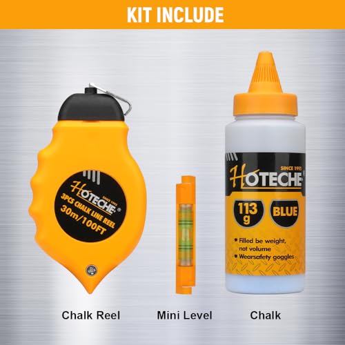 Hoteche Schlagschnur 30m，Blau，Dreiersatz für Präzisionsmarkierung von Maurern - Kreide Linienrolle für langlebige und kosteneffiziente Ergebnisse