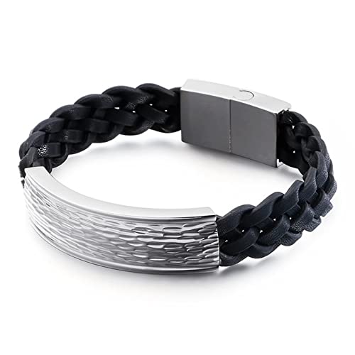 Bracelet en cuir tressé noir et acier martelé 21cm pour un look punk chic quotidien