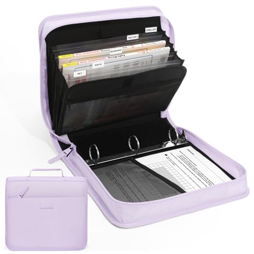 Zipper Binder with Handle 1.5 Inch O-Ring 325 Pages Capacity with 5-Tab Expanding File Folder for Classified Storage Small Size Lightweight Zipper Bag for Middle School Students Lavender Purple