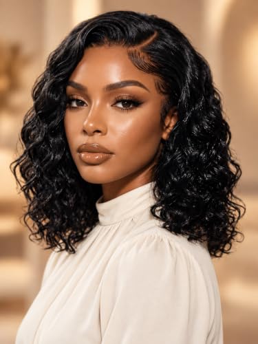 Nadula Side Part Water Wave Bob Wig Human Hair, 6x4 Glueless Lace 14inch