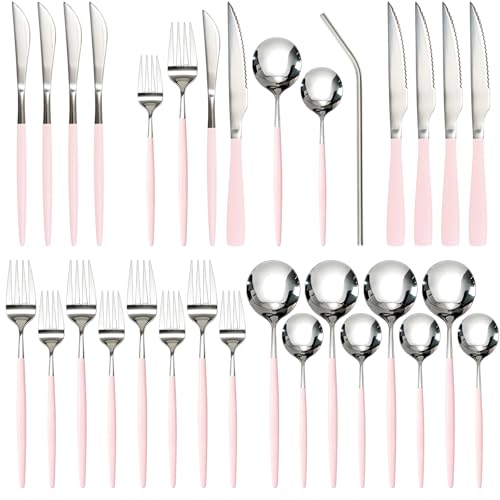 Image of Astercook Silverware Set with Steak Knives 24-Piece Flatware Set for 4 Food-Grade Stainless Steel Pink Cutlery Set Mirror Polished Utensils Set Include Spoons and Forks for Home Kitchen Restaurant