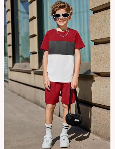 Image of Arshiner Boys' 2-Piece Cotton Outfit Color Block T-Shirt and Shorts Set Summer Camo Clothes for Kids 5-14 Years