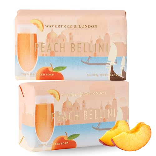 Image of Wavertree & London Peach Bellini Scented Natural Soap (2 Bars), 7oz Moisturizing French Triple Milled Soap Bars enriched with shea butter - Pure Plant Based Bath & Body Bars for All Skin Types