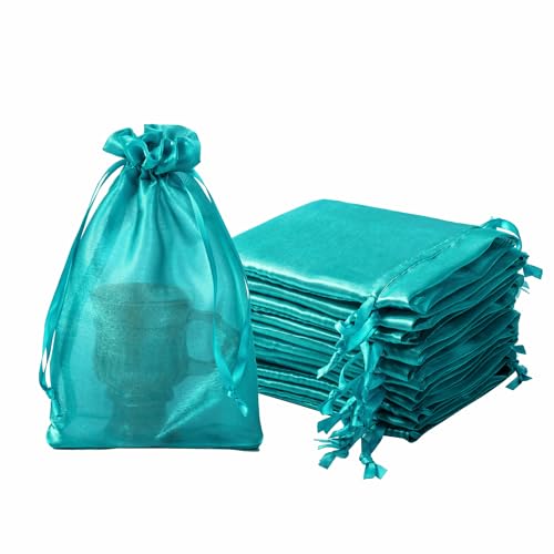 Image of QIANF 20 Pcs Peacock Blue Small Organza Bags 6X9 inch for Wedding Favors with Drawstring, Glossy Mesh Gift Bags Jewelry Pouch for Candy Bridal Shower Party Favor Baby Shower Christmas