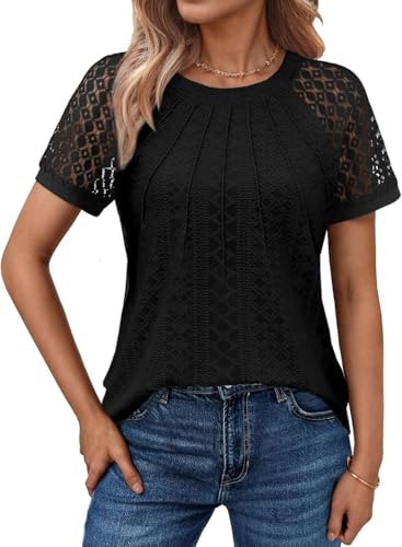 Pawate Spitzen Bluse Damen Kurzarm Oberteil Sommer Shirt elegant Tunika blusen(Schwarz/M)