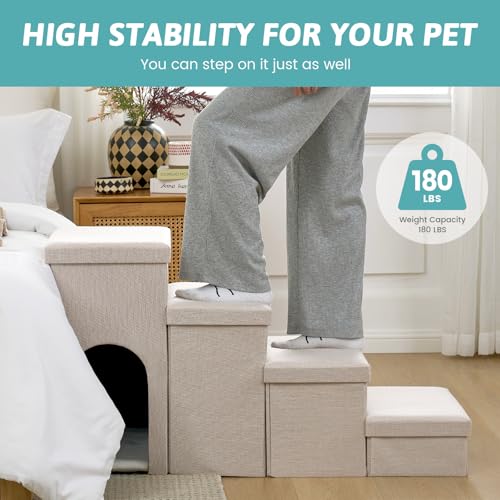 Image of Dog Stairs with Storage, 4-Step Wider Sturdy Dog Steps for Small /Medium /Large Dogs and Older Cats, Doggie Ramp with Condo for Bed /Couch /Car Hold Up to 180 lbs (22.6 inch H, Beige)