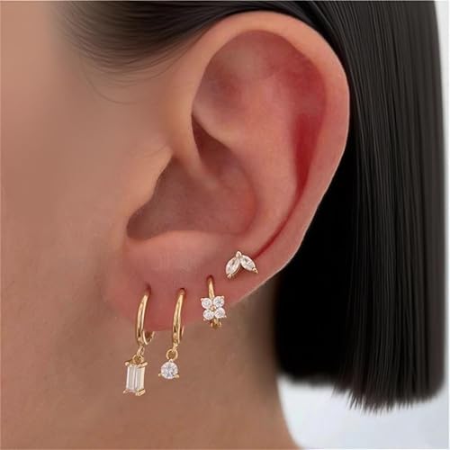 Image of Gold Plated Earrings for Women, 14k Gold Plated Earring Stack Hypoallergenic Pearl Drop Earring Dainty Earrings for Women Trendy Cute Small Huggie Hoop Earring Fashion Womens Jewelry