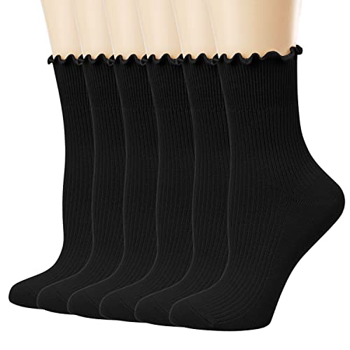 Mcool Mary Womens Socks, Ruffle Turn-Cuff Casual Crew Socks Breathable Cool Knit Cotton Lettuce Ankle Frilly Sock 6 Pack