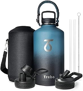 Insulated Water Bottle 1L, Trebo Metal Bottle with Paracord Handle Wide Mouth Double Wall Stainless Steel Large Sports Bottle Keep Cold 48 Hours Water Bottle with 3 Lids, Indigo Black