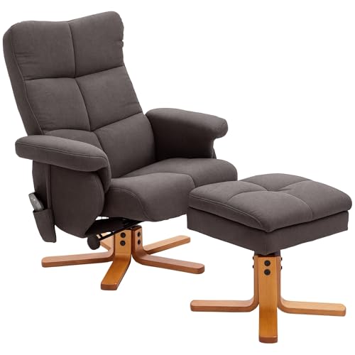 HOMCOM Relaxsessel mit Hocker, 360°drehbarer Fernsehsessel mit Massage, Liegefunktion, Massagesessel mit Seitentasche, TV-Sessel, Polyester für Wohnzimmer Braun