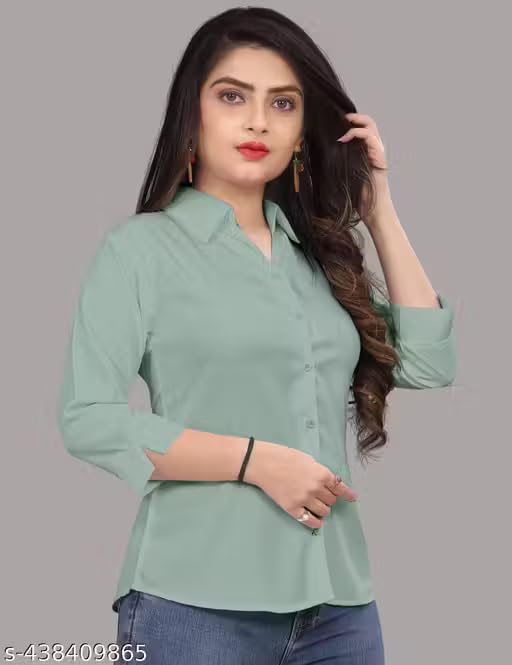 Image of Women's Cotton Blend Solid Formal Shirt with 3 /4 Sleeves-Navy Blue P4