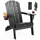Floding Adirondack Chair, Wooden Textured Plastic Adirondack Chairs with 2 Cup Holder, Weather Resistant HDPE Fire Pit Chair, Outdoor Patio Chairs for Garden, Backyard, Lawn, Deck, 380LBS, Black